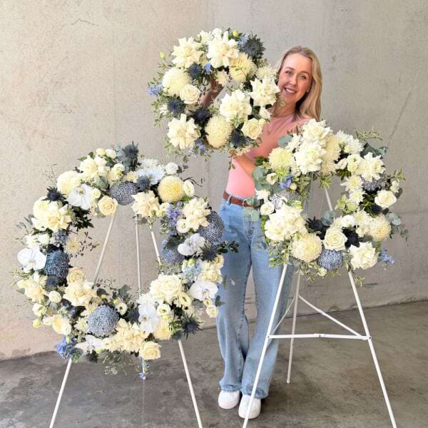 White and Blue Sydney Sympathy Wreath - Set of Three